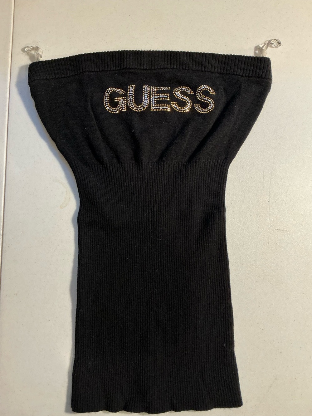 Vintage GUESS Y2K Black Strapless Tube Top with Rhinestone Logo Size S/P McBling